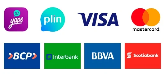 Aceptamos Yape, Plin, Visa, Mastercard, BCP, Interbank, BBVA y Scotiabank